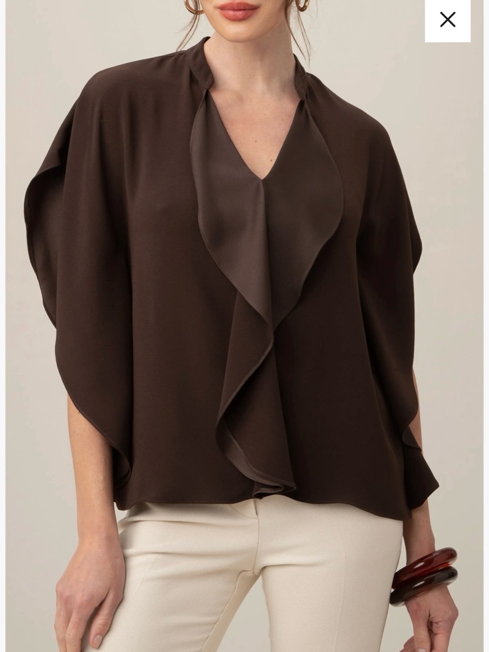 Trina Turk NWT Brown Tompkins Ruffle Crepe Boxy Square Top Blouse, size L